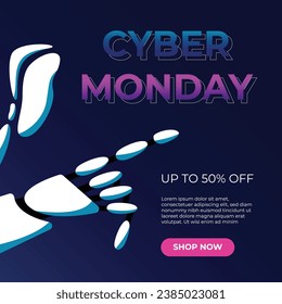 Cyber Monday Sale. The robot points to inscription. Flat vector illustration in cartoon style.