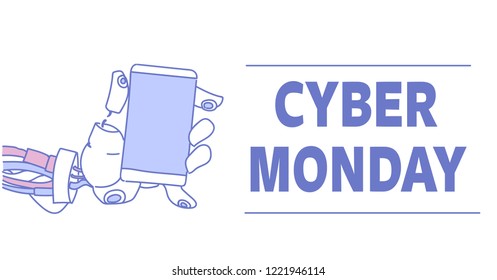 cyber monday sale robotic hand holding smartphone online mobile application artificial intelligence service assistance concept sketch doodle horizontal vector illustration