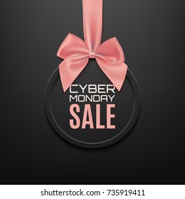 Cyber Monday sale round banner with red ribbon and bow, on black background. Brochure or banner template. Vector illustration.