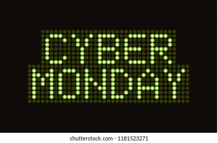 Cyber Monday Sale Scoreboard Font Vector Banner. Discount Electronic Display Poster. Green Digital Dots Letters On Score Board.