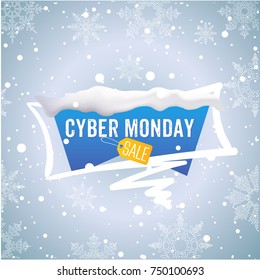 Cyber monday sale scratched design inscription with tag banner. Snow, snowflakes, frost. Vector illustration on a blue winter background.