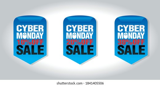 Cyber monday sale set of badges 10%, 20%, 30% off. Vector illustrration