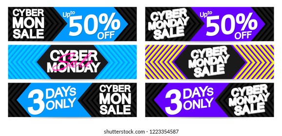 Cyber Monday Sale, set web banners design template, up to 50% off, 3 days only, vector illustration