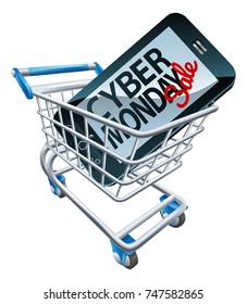 A Cyber Monday sale sign on a mobile phone in a supermarket shopping cart trolley