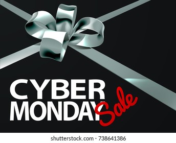 A Cyber Monday Sale sign with a silver gift present ribbon and bow