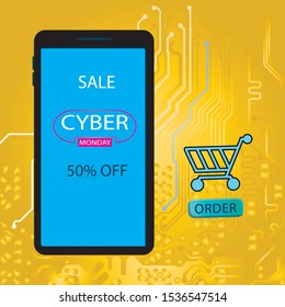 Cyber Monday Sale with smartphone on circuit board background. Promotional online sale event 50%. vector illustration