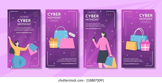 Cyber Monday Sale Social Media Stories Template Hand Drawn Cartoon Flat Illustration