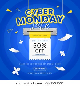 Cyber monday sale social media post template with up to 50% discount coupon display.