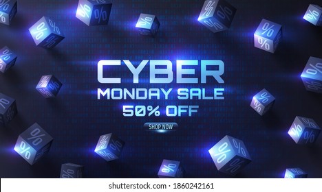 Cyber Monday Sale Special offer Poster with 3d black cubes of percents on dark of Binary code Background for Retail,Shopping or Promotion.Cyber Monday and Online shopping concept. 