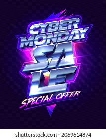 Cyber monday sale, special offer, vector illustration 80's years style, 3D lettering