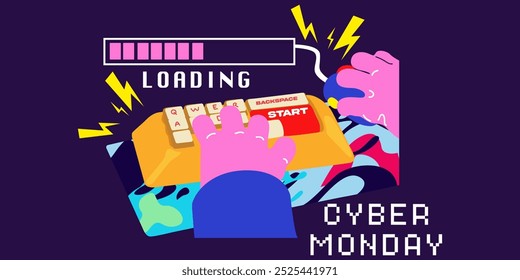 Cyber Monday Sale Special offer Poster. Cartoon pink hands and computer keyboard. Online shopping concept. Vector banner for Cyber Monday promo events on marketplaces. Concept cyberspace technology