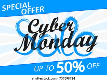 Cyber Monday Sale, special offer, up to 50% off, poster design template, vector illustration