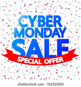 Cyber Monday Sale, special offer, banner design template, red ribbon, vector illustration