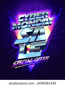 Cyber Monday sale special offers vector banner with fancy 3D style metallic lettering and neon plasma ray of light on a backdrop, Cyber Monday futuristic poster design