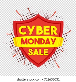 Cyber Monday Sale sticker, tag or label design in red shield shape on halftone effect transparent background.