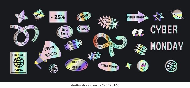 Cyber monday sale stickers and labels for discount promotions and marketing design.