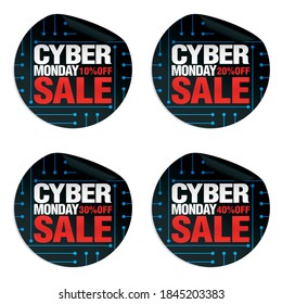 Cyber monday sale stickers set 10%, 20%, 30%, 40% off. Vector illustration