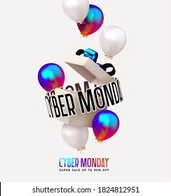 Cyber Monday Sale super up to 90% off. Realistic design open empty white gift box. Retro Kinetic negative space distortion text. Festive background with helium balloons. Web Poster Vector illustration