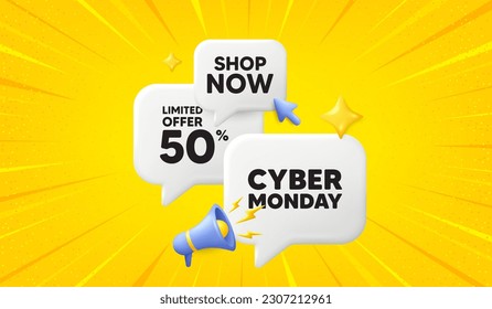 Cyber Monday Sale tag. 3d offer chat speech bubbles. Special offer price sign. Advertising Discounts symbol. Cyber monday speech bubble 3d message. Talk box megaphone banner. Vector