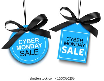 Cyber Monday sale tag with black bow for your design. Vector set of discount labels isolated on white background