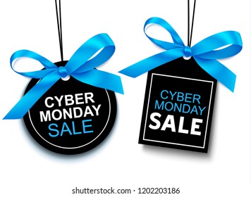 Cyber Monday sale tag with black bow for your design. Vector set of discount labels isolated on white background