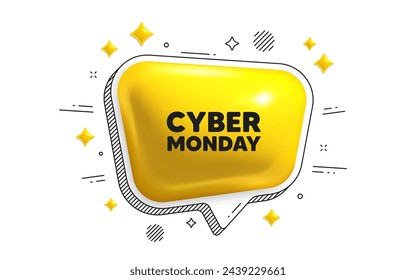 Cyber Monday Sale tag. Chat speech bubble 3d icon. Special offer price sign. Advertising Discounts symbol. Cyber monday chat message. Speech bubble banner with stripes. Yellow text balloon. Vector