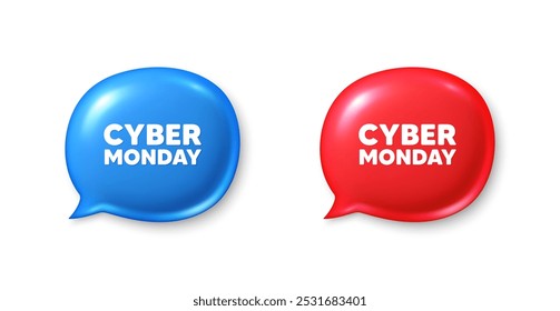Cyber Monday Sale tag. Chat speech bubble 3d icons. Special offer price sign. Advertising Discounts symbol. Cyber monday chat offer. Speech bubble banners set. Text box balloon. Vector