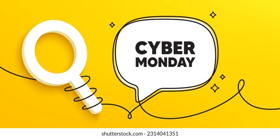 Cyber Monday Sale tag. Continuous line chat banner. Special offer price sign. Advertising Discounts symbol. Cyber monday speech bubble message. Wrapped 3d search icon. Vector