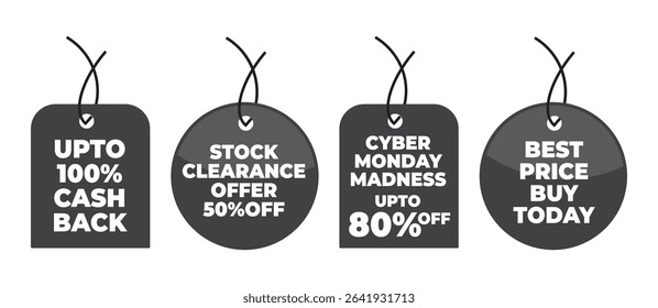 Cyber Monday Sale Tags Vector Set – Black Discount Labels with Up to 100% Cashback, 80% Off, Best Price, Stock Clearance – Golden Ecommerce Promotion Badges for Online Shopping and Retail Marketing