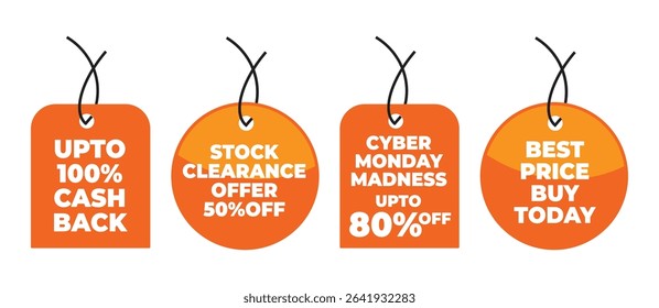Cyber Monday Sale Tags Vector Set – Golden Discount Labels with Up to 100% Cashback, 80% Off, Best Price, Stock Clearance – Golden Ecommerce Promotion Badges for Online Shopping and Retail Marketing