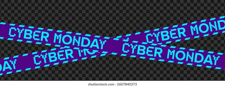 Cyber Monday Sale Tape with Bright Neon Text and Pixel Style on Purple Background. Perfect for E-commerce Promotions, Tech Deals, Packaging, and Digital Ads. Vector Illustration.