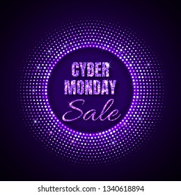 Cyber Monday Sale technology background in neon style with neon glowing circle halftone ornament. Abstract disco background. Vintage cover. Vector illustration.