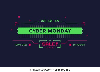 Cyber Monday Sale with technology interface design. Futuristic frame illustration with green and red color graphic elements.