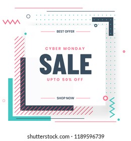 Cyber Monday Sale template or flyer design with 50% discount offer and abstract elements on white background.