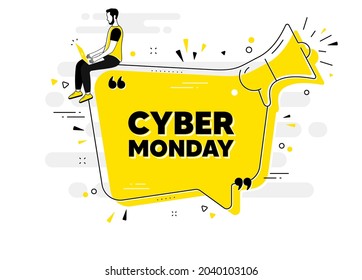 Cyber Monday Sale text. Alert megaphone chat banner with user. Special offer price sign. Advertising Discounts symbol. Cyber monday chat message loudspeaker. Alert megaphone people background. Vector