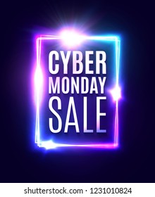 Cyber Monday sale text in neon laser rectangle background. Shining square sign on dark blue backdrop with explosion firework. Banner or flyer design template. Light vector illustration.