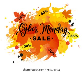 Cyber Monday Sale text on watercolor imitation background. Hand drawn lettering for art shop/card/banner/logo/badge/web/poster/store. Discount time. Vector illustration for your business artwork.