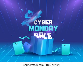 Cyber Monday Sale Text with Realistic Open Gift Box, Shopping Bags and Confetti Ribbon on Glossy Gradient Blue Strip Background.