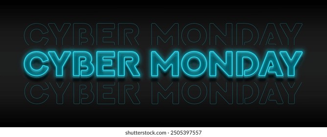 Cyber Monday Sale typography banner. Bright glowing text symbol for decoration Cyber Monday sale. Blue neon Cyber Monday signboard for seasonal sales, advertising and social media.