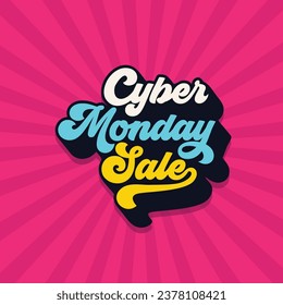 Cyber Monday tipografía de venta ilustración vectorial sobre fondo retro. Diseño de letras en color neón para el lunes cibernético. Descuento, venta, oferta, banner especial de día para lunes.