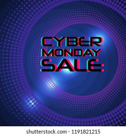 Cyber Monday Sale vector banner template. Blue shining background and text with glitch effect. Discount sale concept. Modern typography.