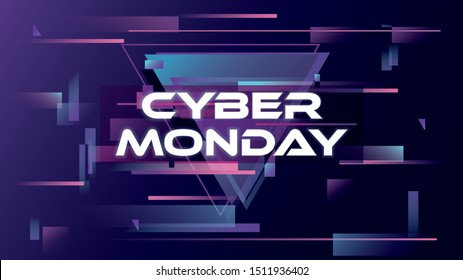 Cyber Monday sale vector banner template with retro futuristic design from 80s with glitch effect. Special offers, shopping online, technology marketing promotion and advertising. Eps10 illustration