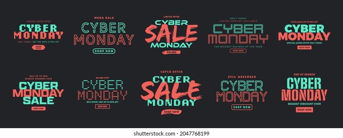 Cyber Monday Sale Vector Banner Set Modern Typografie Design einzeln auf schwarzem Hintergrund. Jetzt Shop Button Typografische Vorlage Verkauf saisonale Angebote Red Cyan Illustration. Nur heute ein großer Mega-Verkauf