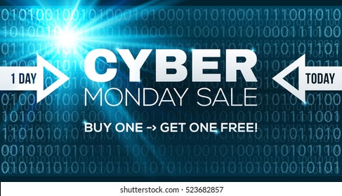 Cyber Monday Sale Vektorbanner-Vorlage. Blau leuchtender Binärkodehintergrund mit Pfeilen und Beispieltext.