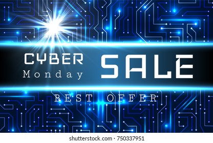 Cyber Monday Sale vector banner template. Blue shining binary code background with arrows and sample text.