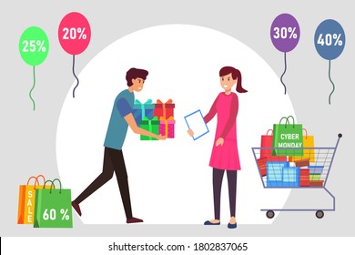 Cyber Monday sale vector concept: man carrying gift boxes to his trolley while the female retail clerk holding her tablet and welcoming him