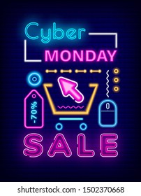 Cyber monday sale vector, discount on all products. Marketing and announcement of clearance at shops. Shopping cart with cursor, buying and selling online. Pricetag with percent and mouse icons