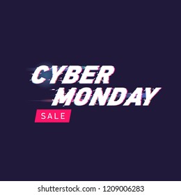 Cyber monday sale vector illustration. Cyber monday lettering with glitch effect. Glitch vector letters on dark background