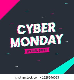 Cyber monday sale vector illustration. Cyber monday lettering with glitch effect. Glitch vector letters on dark background
