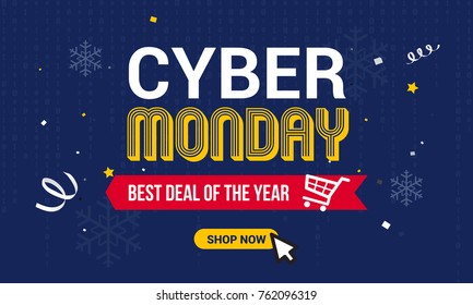 Cyber Monday Sale Vektorgrafik, Text auf binärem Code und Schneeflocken Hintergrund. 